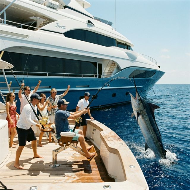 Рыбалка с яхты на синем море